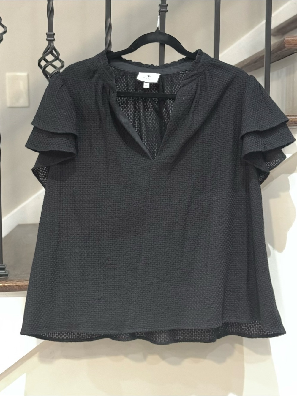 Tuckernuck Black Textured V-Neck Flutter Sleeve Blouse